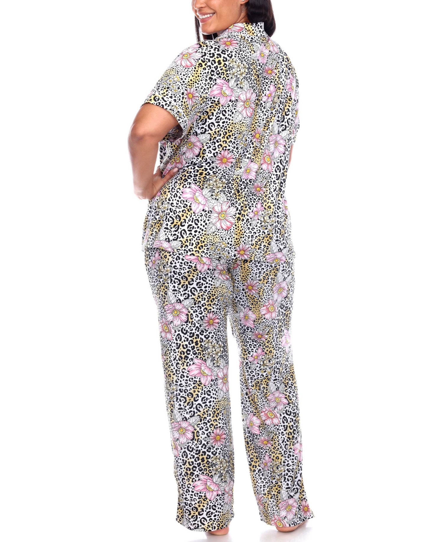 Plus Size Short Sleeve Pants Tropical Pajama Set, 2-Piece