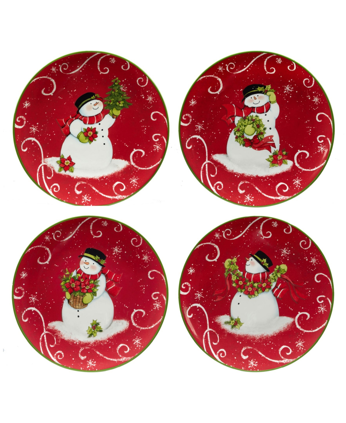 Certified International Holiday Magic Snowman Set Of 4 Dessert Plates In Red,green,white