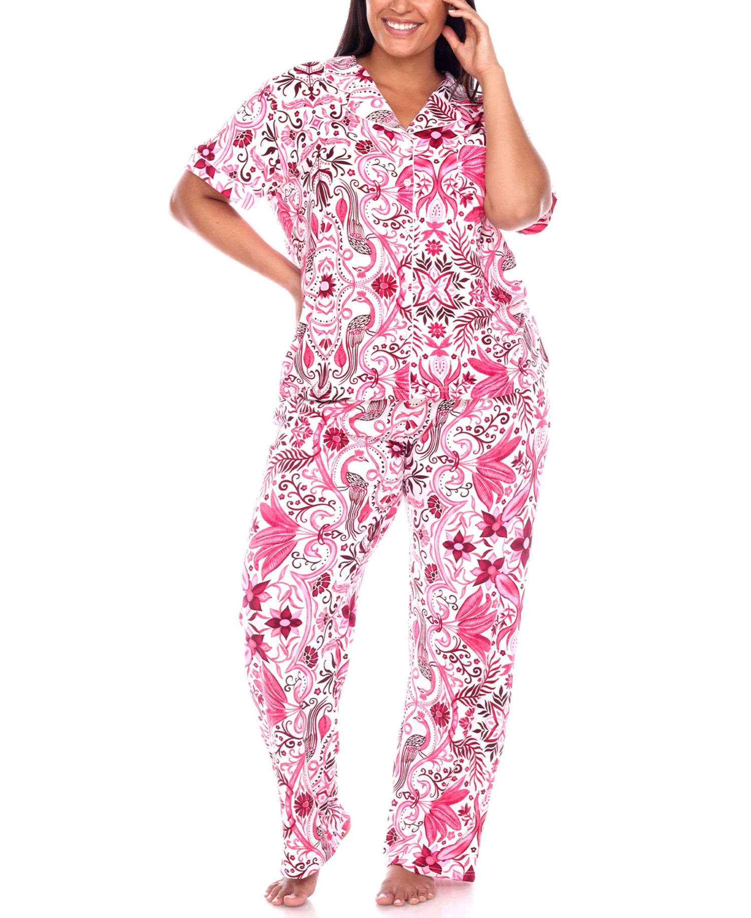 Plus Size Short Sleeve Pants Tropical Pajama Set, 2-Piece