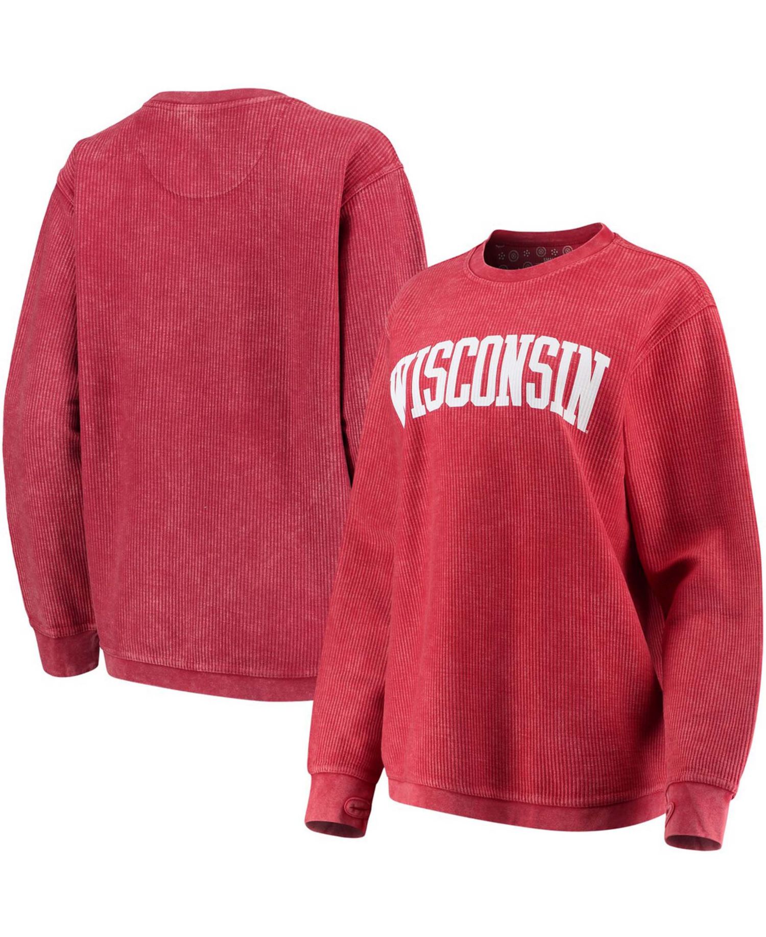 Women's Red Wisconsin Badgers Comfy Cord Vintage-Like Wash Basic Arch Pullover Sweatshirt