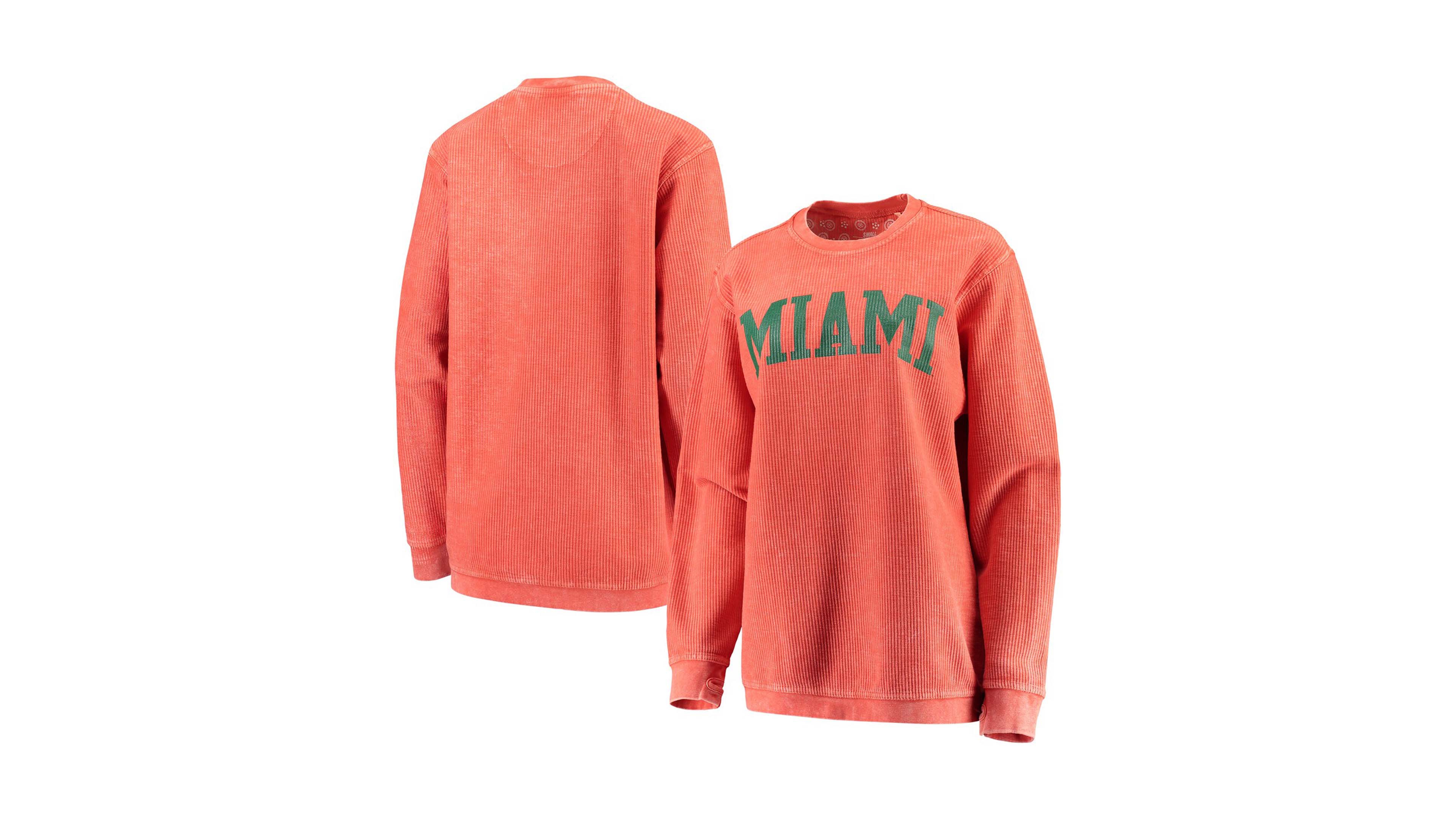 Women's Orange Miami Hurricanes Comfy Cord Vintage-Like Wash Basic Arch Pullover Sweatshirt