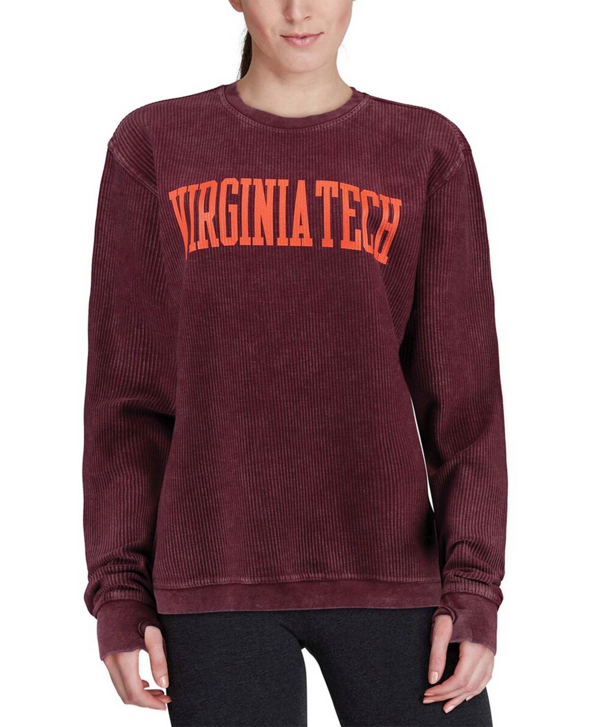 Women'sVirginia Tech Hokies Comfy Cord Vintage-Like Wash Basic Arch Pullover Sweatshirt - Maroon