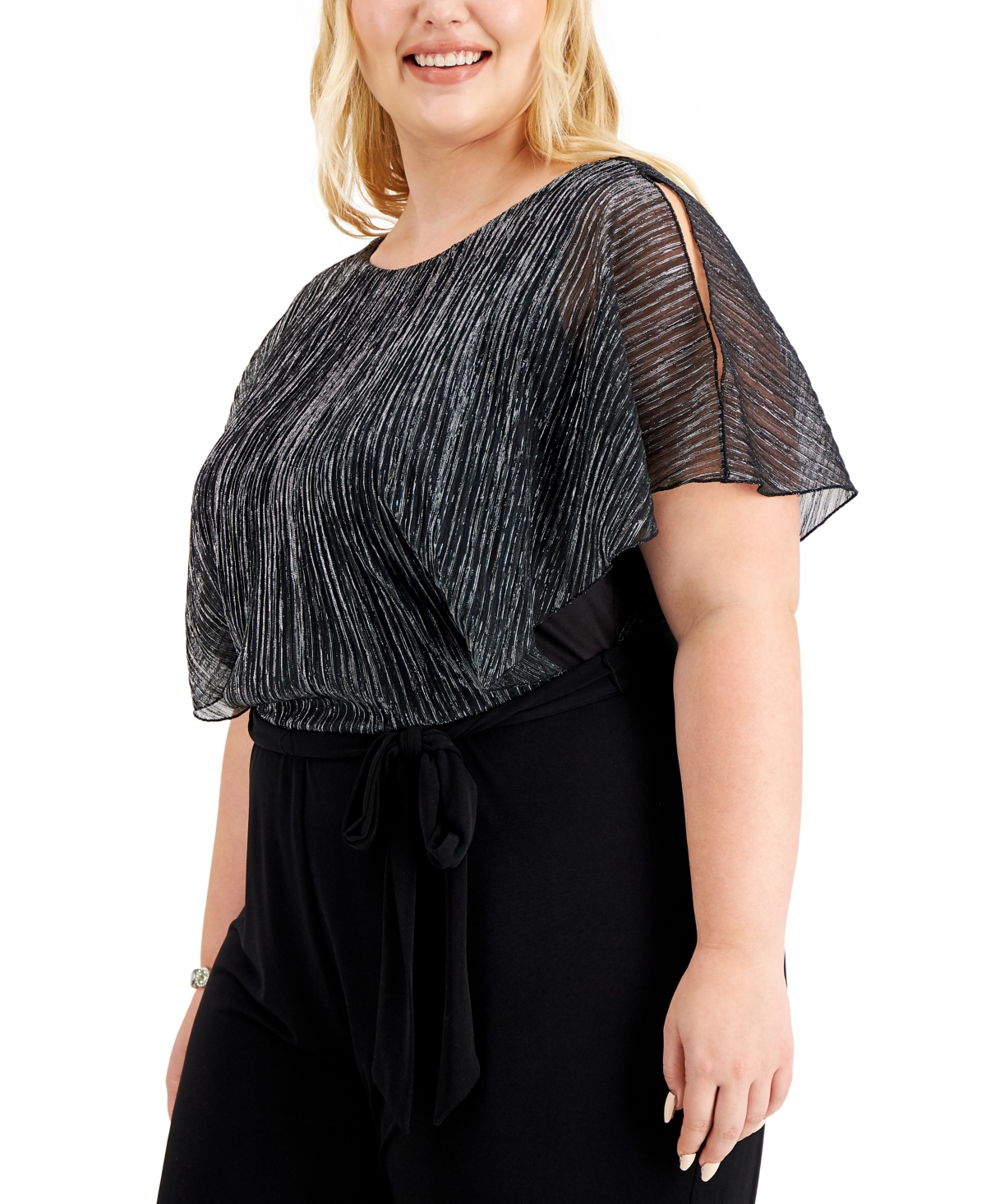 Connected Plus Size Shimmer-Bodice Jumpsuit -Silver