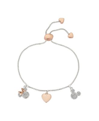 Two-Tone Rose Gold Flash-Plated Crystal Mickey Minnie Charm Adjustable Bolo Bracelet