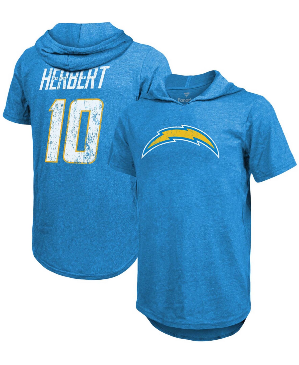 Men's Fanatics Justin Herbert Powder Blue Los Angeles Chargers Player Name and Number Tri-Blend Hoodie T-shirt - Powder Blue