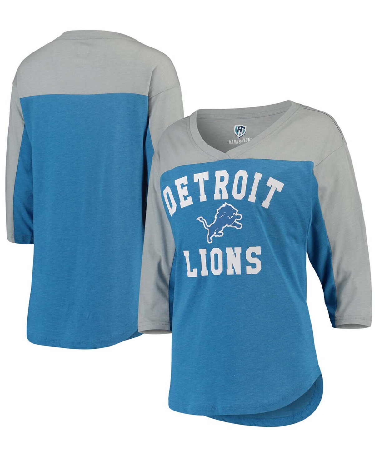 Hands High Women's Blue, Gray Detroit Lions In The Zone 3/4 Sleeve V-Neck T-shirt