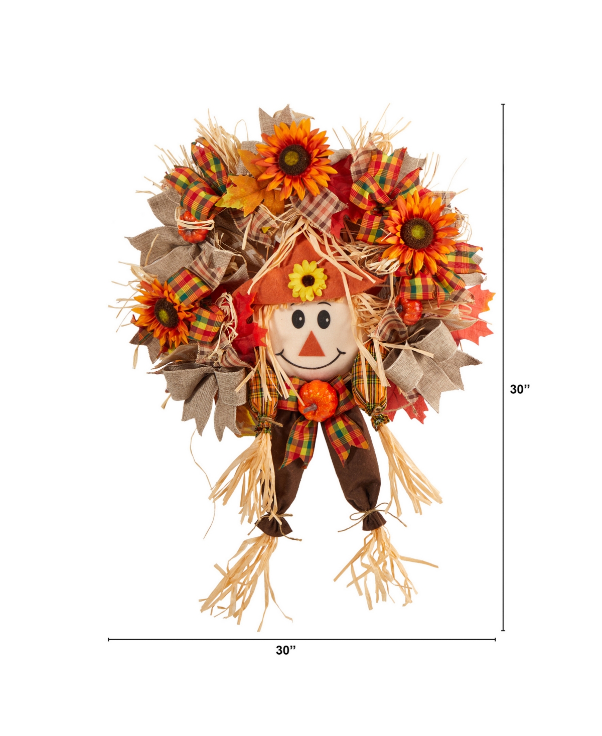 NEARLY NATURAL 30" SCARECROW FALL ARTIFICIAL AUTUMN WREATH WITH SUNFLOWER, PUMPKIN AND DECORATIVE BOWS 