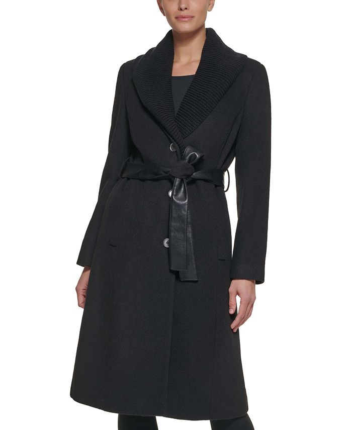 DKNY Women's Knit-Collar Belted Wrap Coat - Macy's
