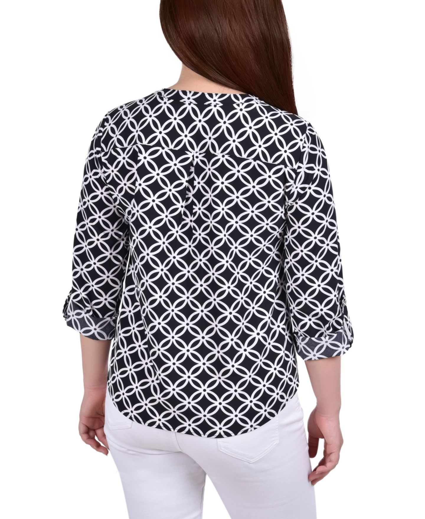 Женская блузка NY Collection 3/4 Roll Tab Sleeve Mandarin Collar, цвет: Чёрный белый — фото 2