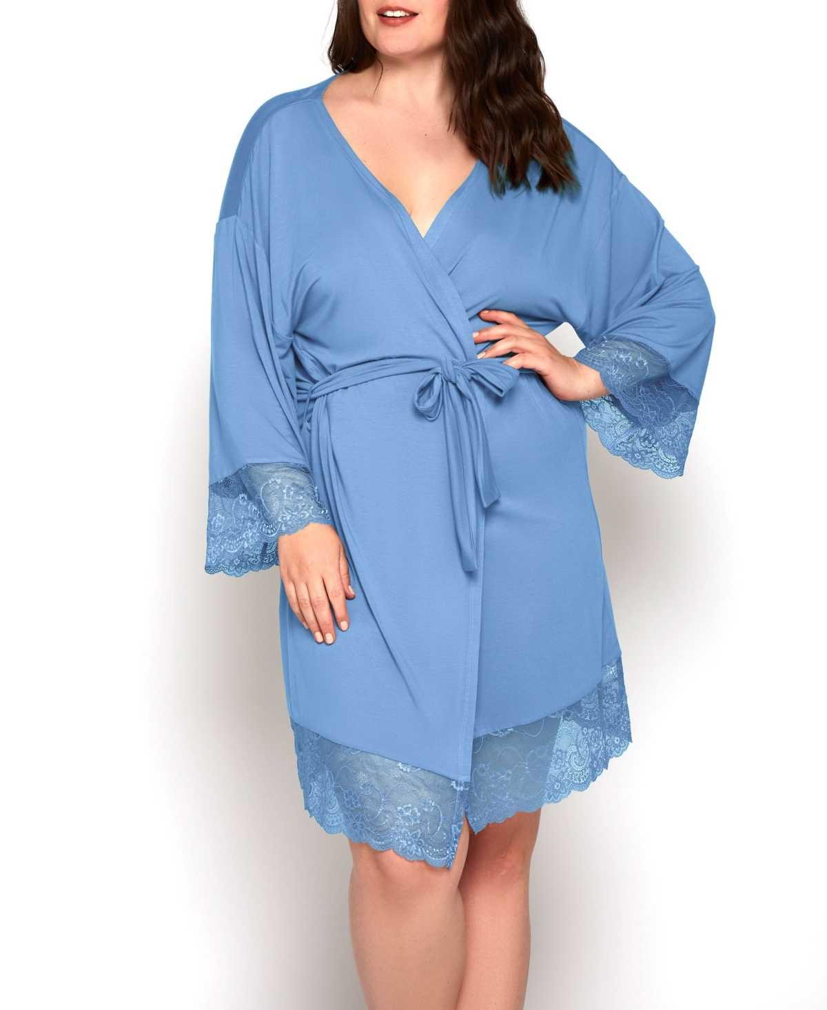 Olivia Plus Size Soft Viscose Robe with Lace Trim and Waist Tie - Light Blue