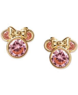 Pink Cubic Zirconia Minnie Mouse Stud Earrings in 14k Gold