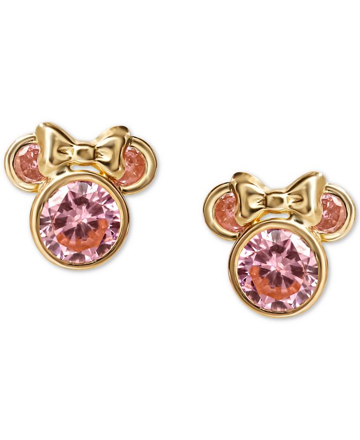 Disney Pink Cubic Zirconia Minnie Mouse Stud Earrings in 14k Gold - Macy's