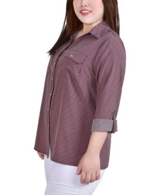 Plus Size 3/4 Sleeve Roll Tab Notch Collar Blouse