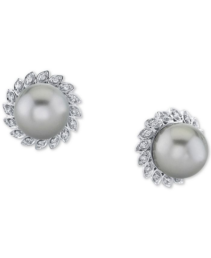 Macy's - Cultured Tahitian Pearl (10mm) & Diamond (1/4 ct. t.w) Stud Earrings in 10k White Gold