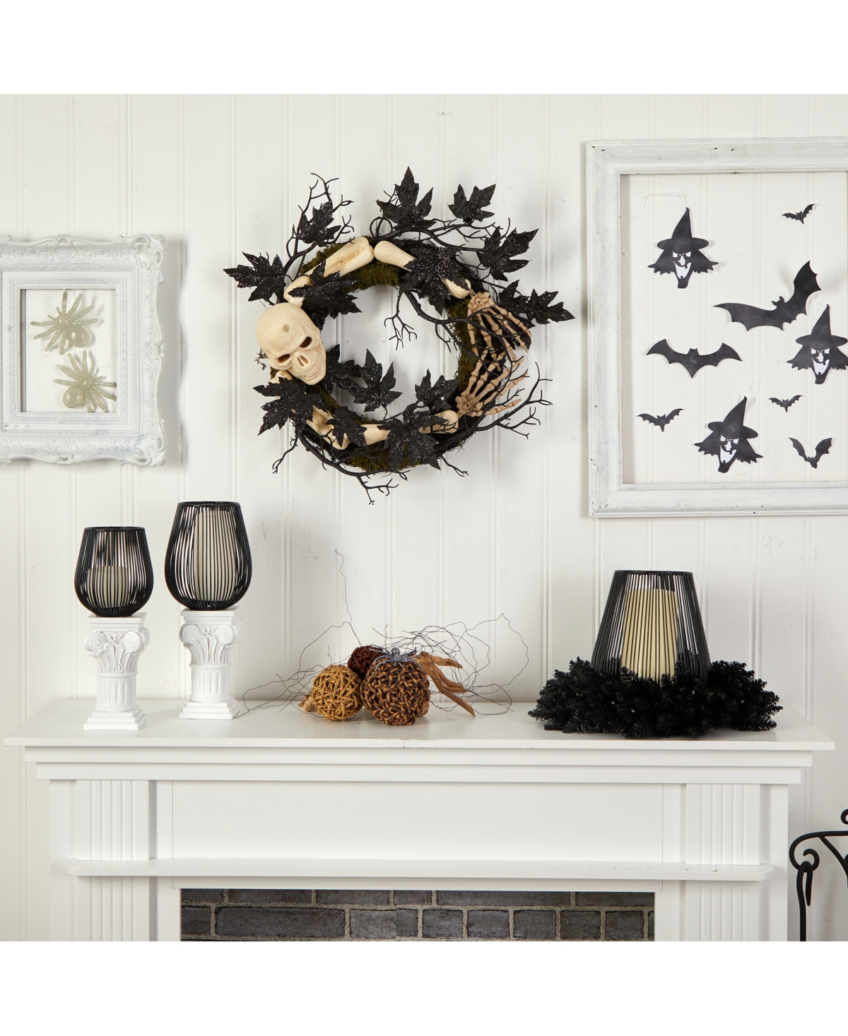 Nearly Natural 24" Halloween Skull And Bones Wreath In Black