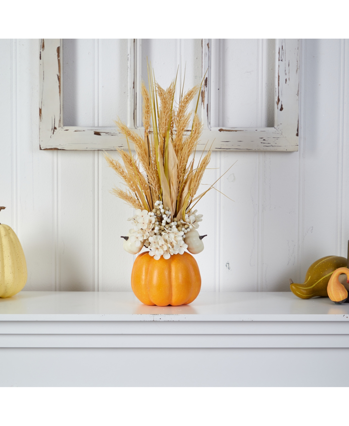 NEARLY NATURAL 21" AUTUMN DRIED WHEAT AND PUMPKIN ARTIFICIAL FALL ARRANGEMENT IN DECORATIVE PUMPKIN VASE 