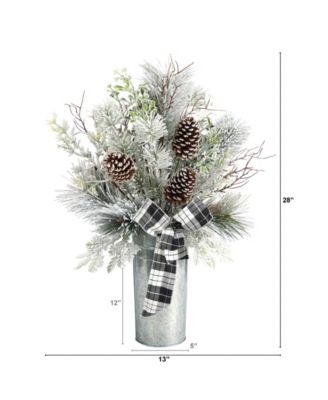 Frosted Greenery and Pinecone with Plaid Bow Artificial Christmas Arrangement in Decorative Tin, 28"