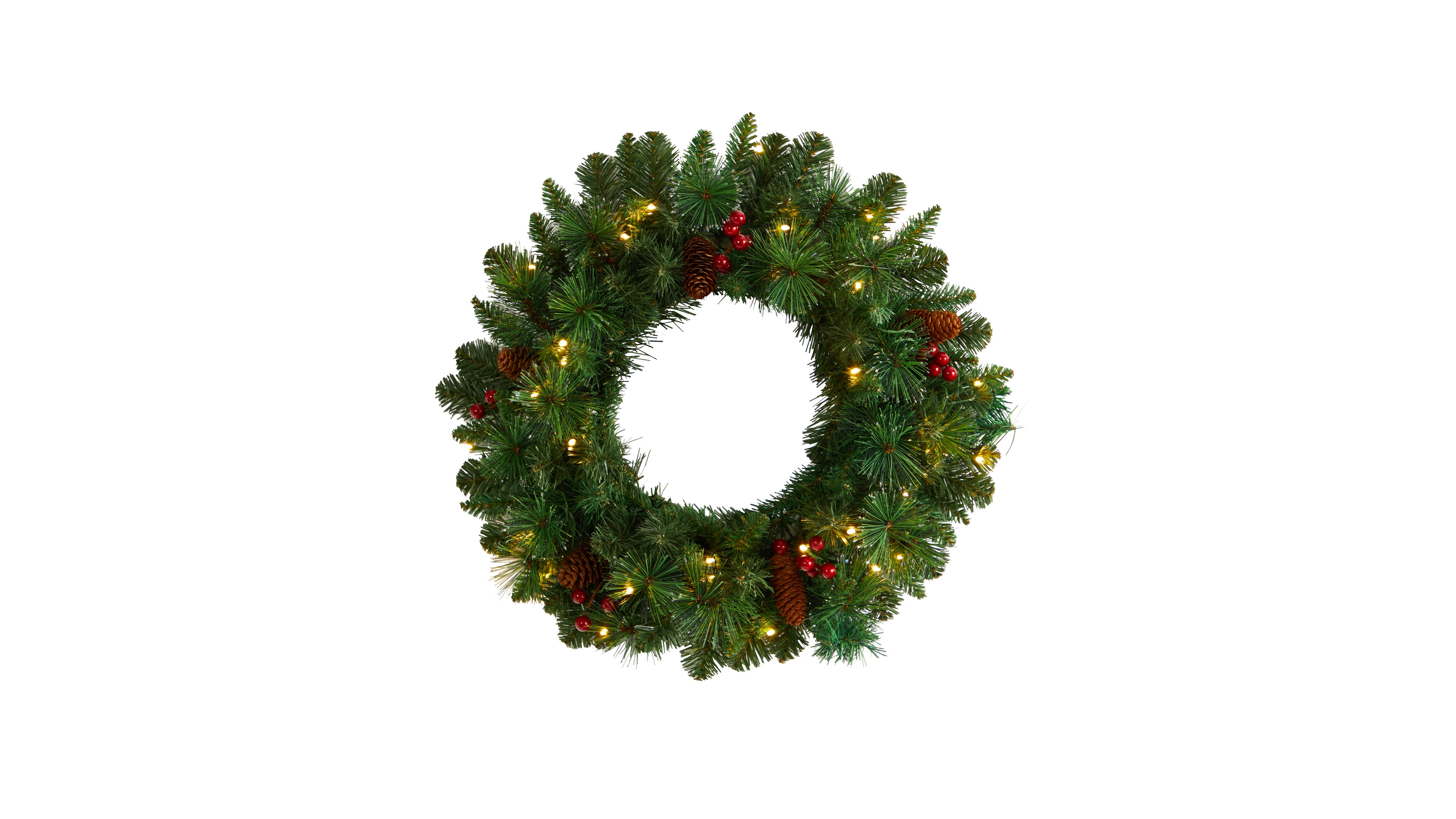Frosted Pine Artificial Christmas Wreath with Pinecones, Berries and 35 Warm Led Lights, 20"