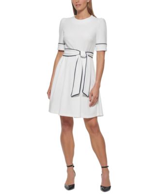 dkny border mesh fit flare dress