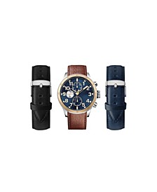 Men's Dial Quartz Brown Leather Strap Watch with Interchangeable Straps, Set of 3
