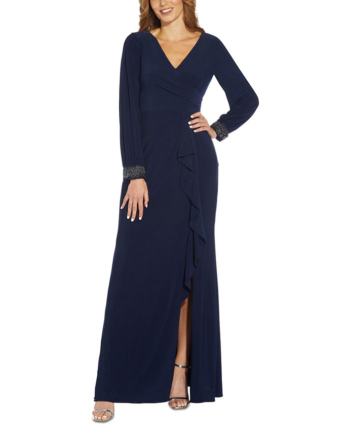 Adrianna Papell Long Sleeve Jersey Gown - Macy's