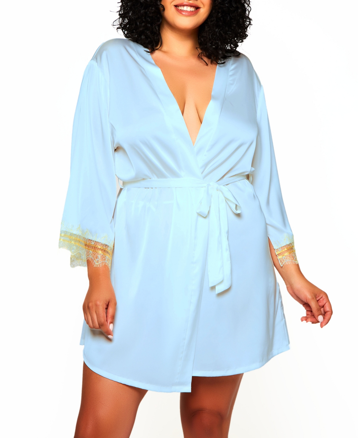 Icollection Plus Size Alison Satin and Lace Trimmed Split Sleeve Robe