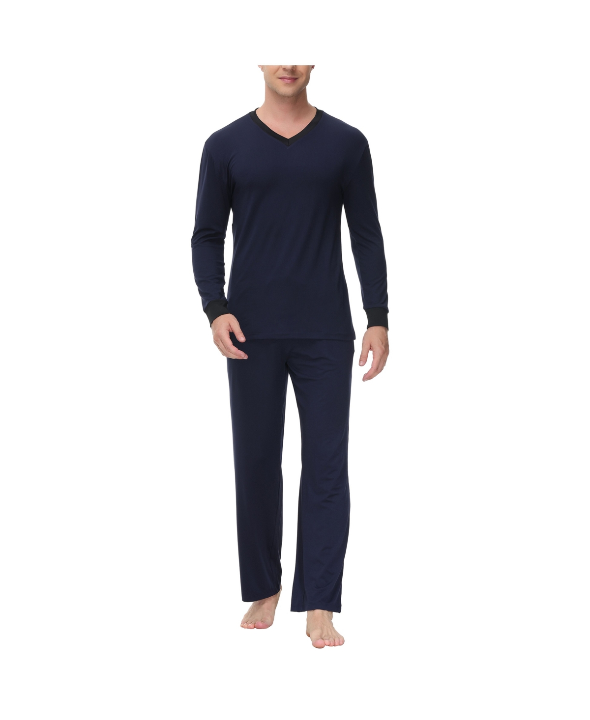 Men's Heat retaining Two Piece V-Neck & Lounge Pants Pajama Set - Light Blue