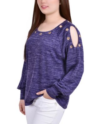 Petite Long Sleeve Shoulder Cutout Tunic Top