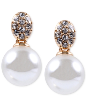 image of Anne Klein Gold-Tone Crystal and Glass Pearl Earrings
