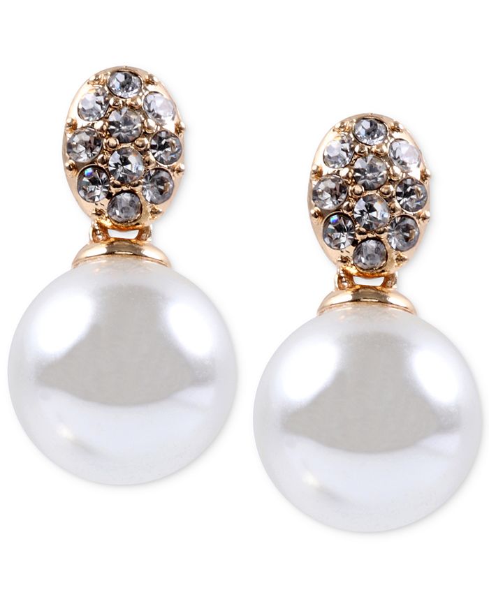 Anne Klein - Gold-Tone Crystal and Glass Pearl Earrings