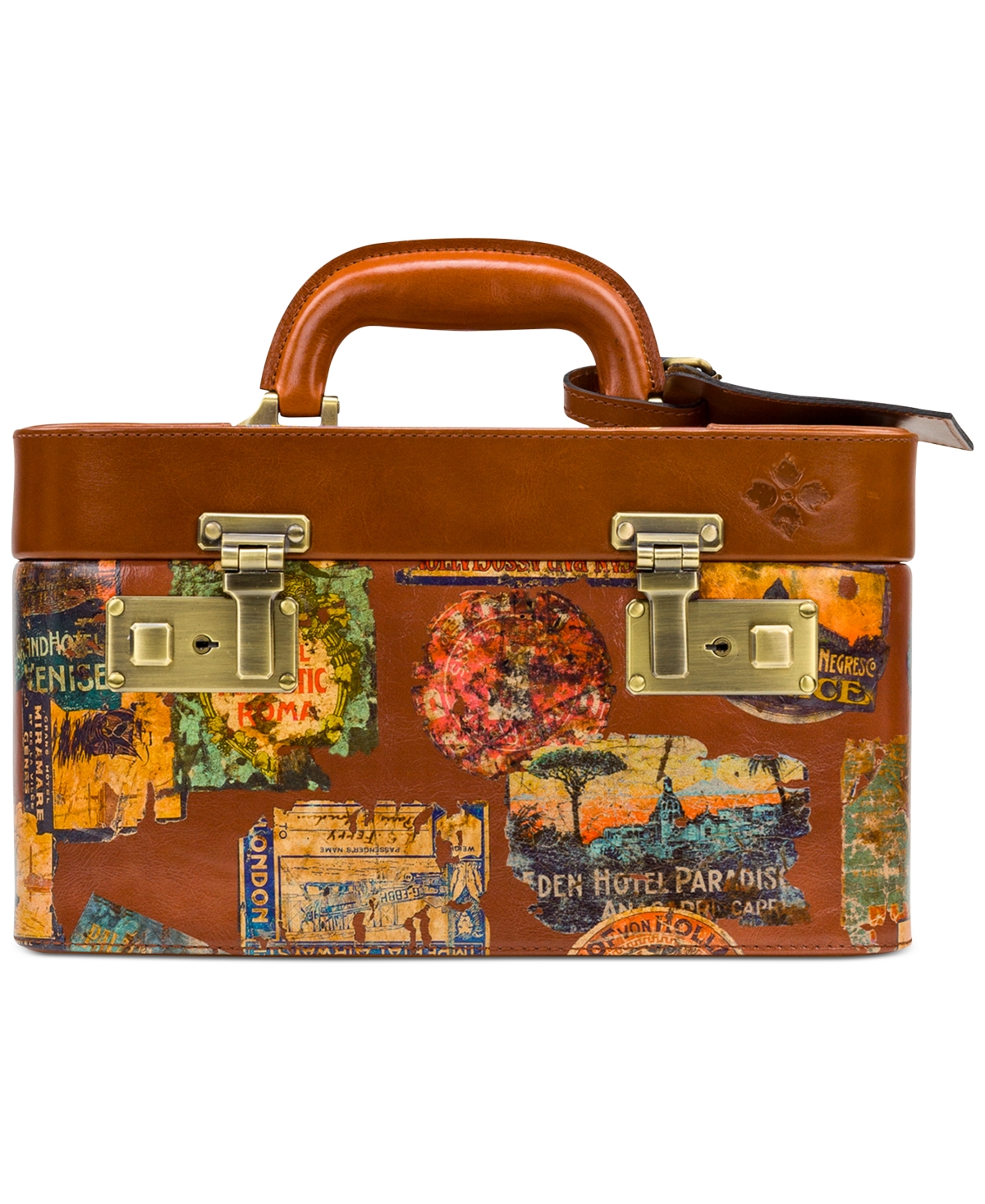 Patricia Nash Paradiso Leather Train Case In Vintage Travel Sticker