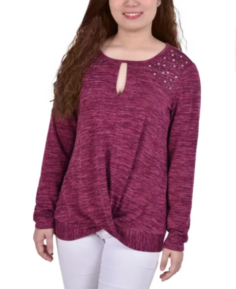 Petite Long Sleeve Knit Keyhole Top - Burgundy