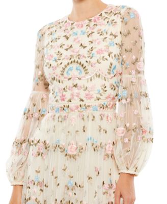 Women's Embroidered High Neck Illusion Sleeve Tiered Gown