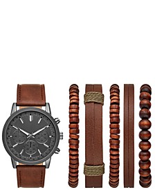 Men's Brown Gunmetal Leather Strap Watch Gift Set, 45mm