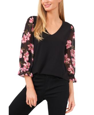 Women s 3 4 Floral Sleeve V Neck Blouse