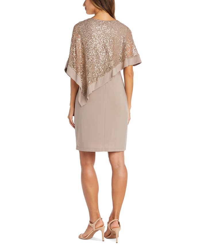 R & M Richards Women's Petite Sequined Cape Sheath Dress Taupe Size 6 P