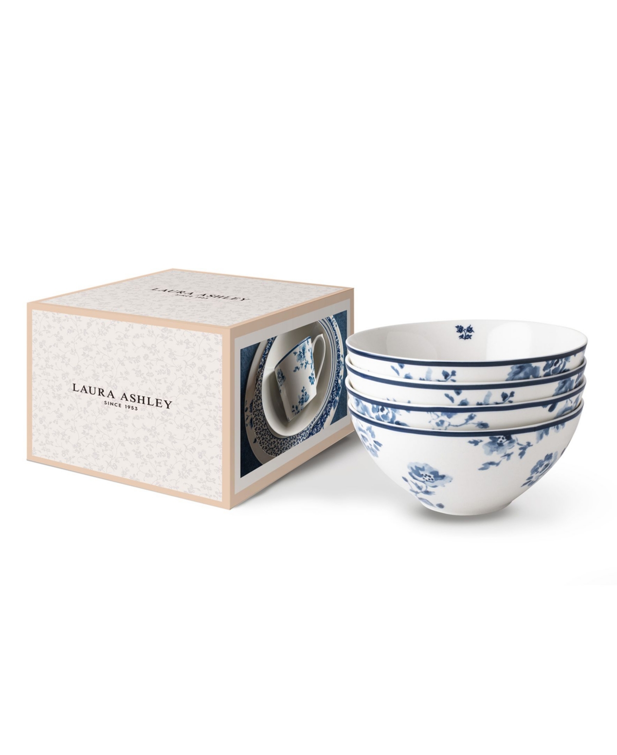 Closeout! Laura Ashley Blueprint Collectables China Rose Bowls in Gift Box, Set of - White with Blue