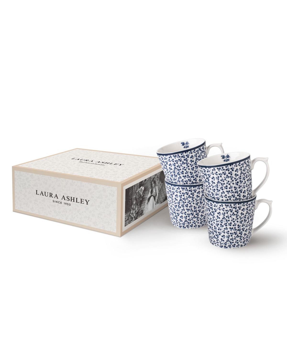 Closeout! Laura Ashley Blueprint Collectables 9 Oz Floris Mugs in Gift Box, Set of 4 - White with Blue