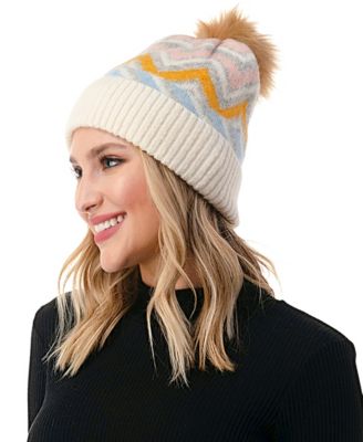 Women's Chevron Faux Fur Pom Cuff Beanie