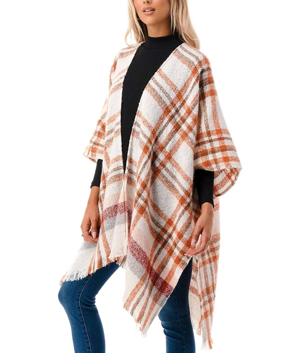 Marcus Adler Women's Open-Front Plaid Fringe-Trim Kimono