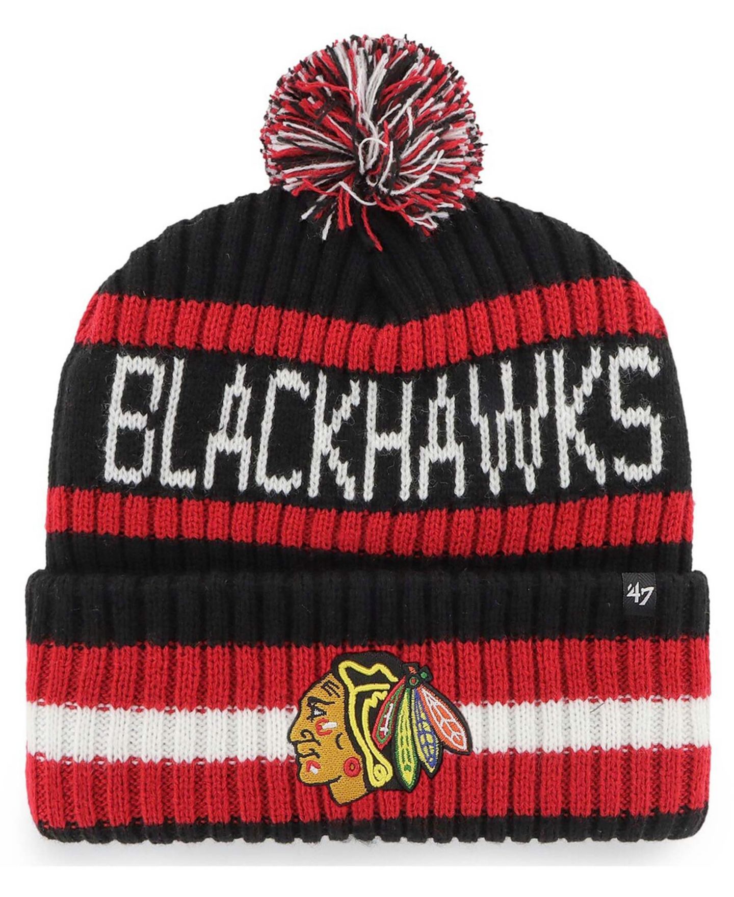 Мужская шапка '47 Brand Black Chicago Blackhawks Bering Cuffed Knit Hat with Pom — фото 2
