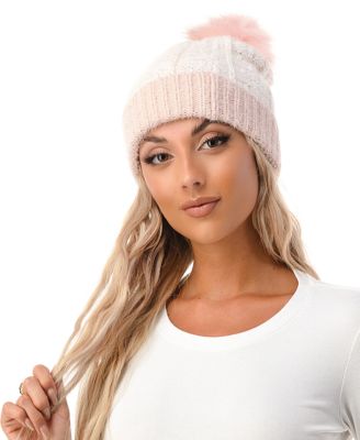 Women's Lurex Colorblock Faux Fur Pom Beanie