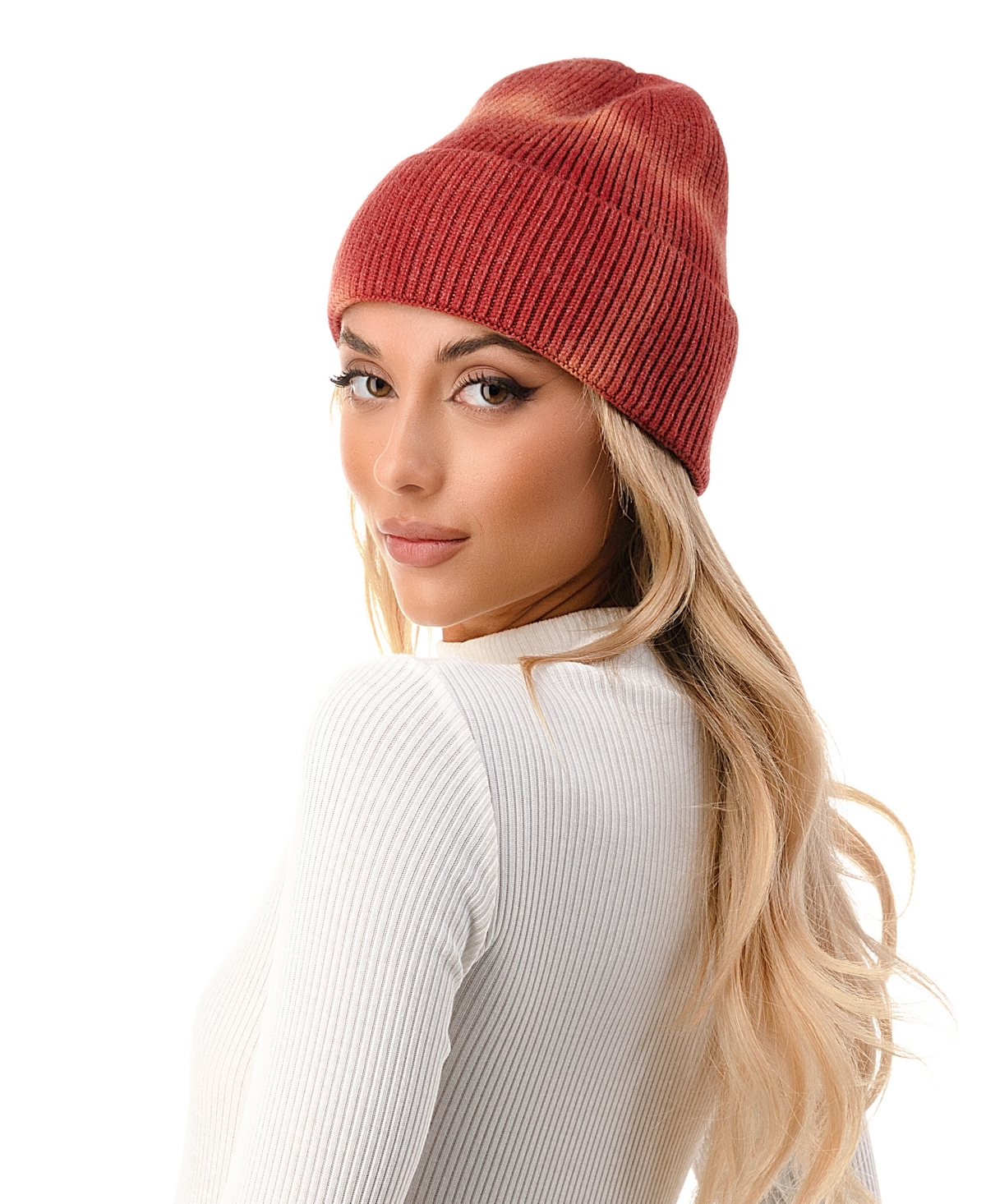 Marcus Adler Women's Tie Dye Cuff Ribbed Knit Beanie In Rust