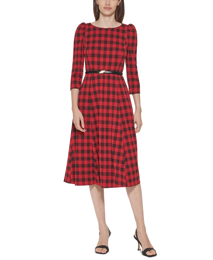 Calvin Klein Buffalo Check Belted A-Line Dress - Macy's