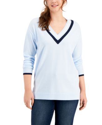 Style & Co - V-Neck Striped-Trim Sweater