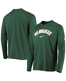 Men's Hunter Green Milwaukee Bucks 75th Anniversary Pregame Shooting Performance Raglan Long Sleeve T-shirt