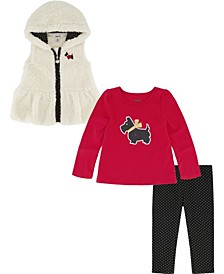 Little Girls Hooded Sherpa Vest, Doggie T-shirt and Leggings Set, 3 Piece