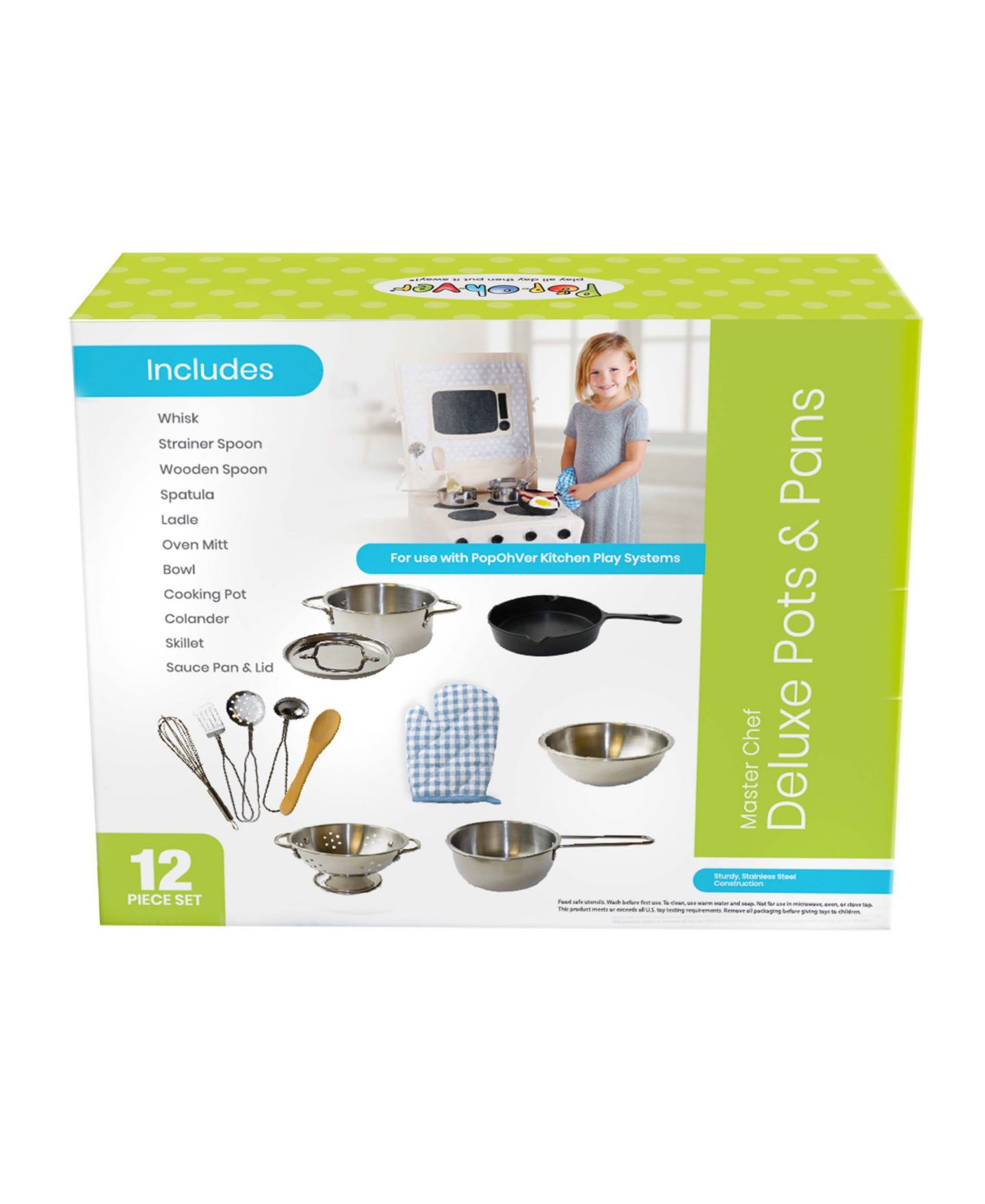 Детские игрушки Salus Brands PopOhVer Deluxe Pots Pans Playset Stainless Steel Set, 12 Piece — фото 2
