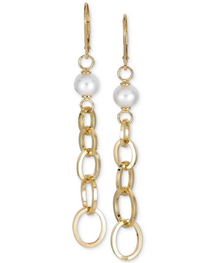 Macy's Cultured Freshwater Pearl (7mm) Chain Link Drop Earrings in 14k ...