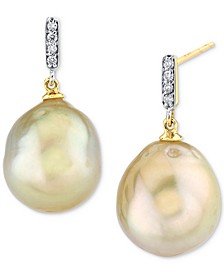 Cultured Golden South Sea Baroque Pearl (11mm) & Diamond Accent Drop Earrings in 10k Gold